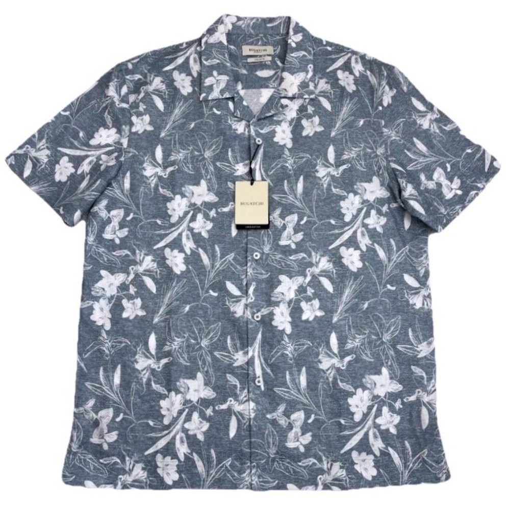 Bugatchi Mens XXL Dusty Blue Linen Cotton‎ Short Sleeve Shirt NWT